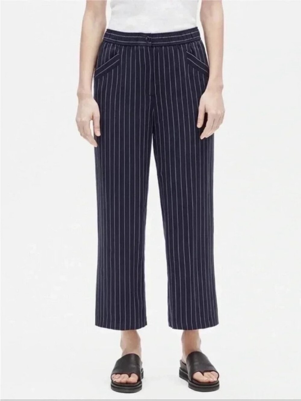 Eileen Fisher Striped Wide Leg Crop Pants Size M Navy Tencel Elastic Waist